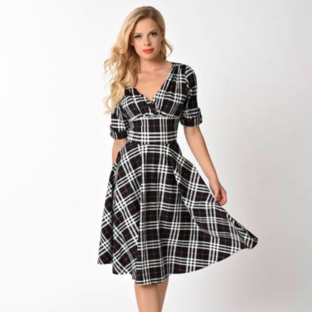 Unique Vintage 1950s Style Black & White Plaid Dress